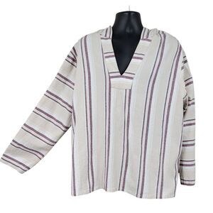 Liberty Blues Baja Hoodie Beige with Red and Navy Stripes Cotton